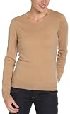  : Red Moon Women's 100% Cashmere Long Sleeve V-Neck Sweater, Camel, Small