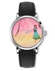SPRAWL Aanalog Fashion Series Silver Ladies Watches of Genuine Black Leather Strap,Unique Wrist Watch for Women Girls Designed with Girl in the forest of blue roses trees