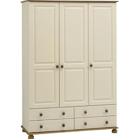 Wardrobe with 3-Doors/ 4-Drawers and Bun Turned Feet, Cream