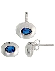 Sterling Silver Matte-finish Oval-shaped Earrings (7mm tall) & Pendant (13mm tall) Set, w/ Oval Cut Blue Sapphire-colored CZ Stones