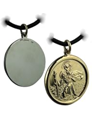 British Jewellery Workshops 14ct Yellow gold on Silver 24mm St Christopher with a Leather Pendant Cord