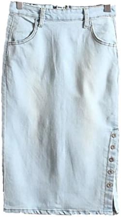 Enlishop Single Workwear Breasted Side Slit Jeans Denim Midi Skirt L Light Blue