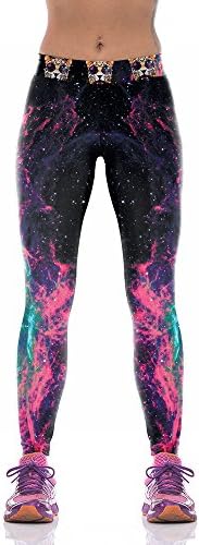 BerryGirl Sexy Black Galaxy Print Workout High Waist Stretchy Tights Sport Leggings, Black, Waist 23.6"-37.4"