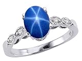 1.56 cts Lab Created Star Sapphire and Genuine Diamond Ring - 14kt White or Yellow Gold