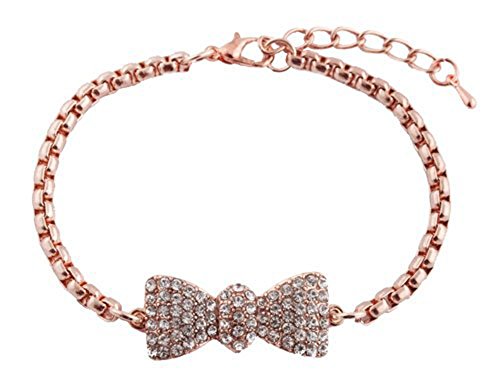 2 Pieces of Rose Goldtone Iced Out Bow Tie Shamballah Box Chain Adjustable Bracelet