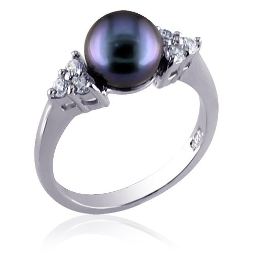 Infinite Beauty: Sterling Silver Dress Ring with Gray Cultured Pearl and Cubic Zirconia