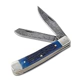 Damascus Trapper Folding Knife Blue Bone Handles