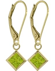 Girls 14K Yellow Gold 1.30 Carat Princess Cut Square 5mm Genuine August Peridot Leverback Gem Earrings