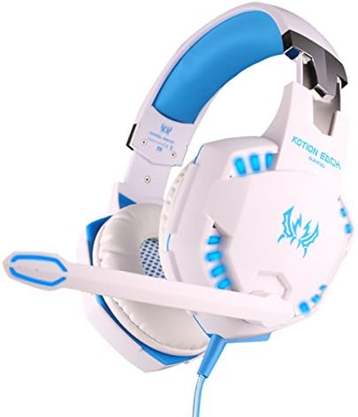 GuDenns Over Ear Vibration Stereo Gaming Headset with Mic USB and 3.5mm Audio Connector Adjustable Padded Headband LED Indicator for PC Gamers White and Blue