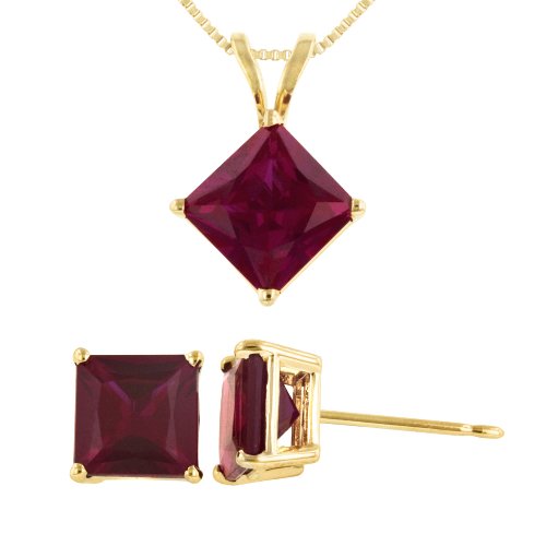 14k Yellow Gold 6mm Lab-Created Ruby Princess-Cut Pendant and Earrings Set, 18″ 14k Yellow Gold 6mm Lab-Created Ruby Princess-Cut Pendant and Earrings Set, 18″