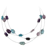 Sterling Silver and Stainless Steel 3-Row Illusion Turquoise and Amethyst Necklace, 16+3 Extender