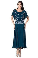 Beaded Vintage Lace Chiffon Tea Length Evening Dress/Mother-of-the-Bride Dress 