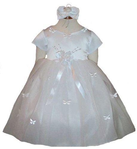 New Butterfly Tulle Flower Girl Pageant Dress plus Headband (White Ivory or Pink) 6M to 24M