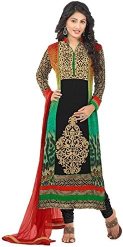 Rozdeal Women's Georgette Embroidered Unstitched Long Sleeve Suit Free Size Black