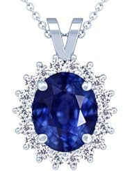 Platinum Oval Cut Blue Sapphire And Round Diamond Pendant