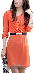 V-neck Long Sleeves Puff Sleeves Above the Knee Chiffon/Knit Mini Dress 