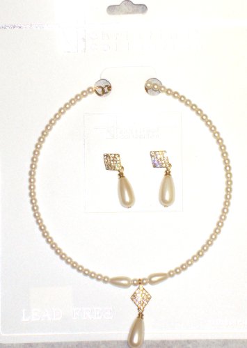 Click here to buy One Strand Simulated Ivory Pearls and Crystals Choker Necklace Ear Rings for Women and Teens.