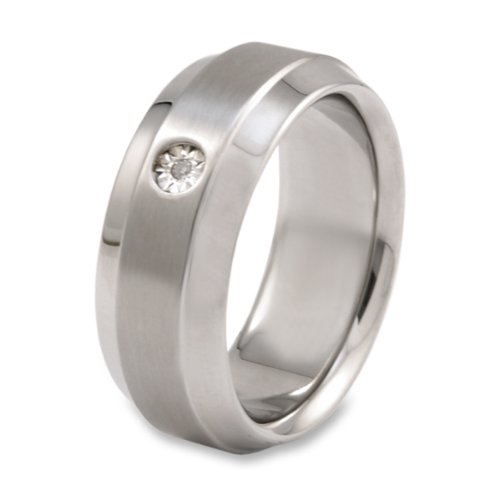 10k White Gold and Stainless Steel Diamond (0.03ctw) Brushed and Polished Men's Ring with Wood Box (10.0 mm)