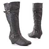 Damen Schuhe, STIEFEL, MIT RIEMCHEN, Keilabsatz, B1254-10, Synthetik in hochwertiger Leder Optik, Grau, Gr 41