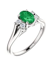 14K White Gold 7.00x5.00mm Oval Cut Emerald and Diamond Ring -- LIFETIME WARRANTY