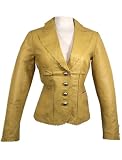 Ladies Yellow Gold Leather 4 Button Waist Length Fitted Blazer
