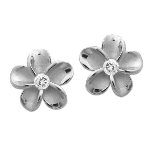 Silver Plumeria Stud Earrings, 15mm