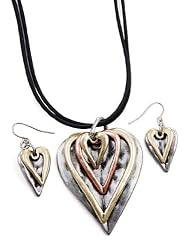 Tri Tone Trendy Hearts Necklace Earring Set Jewelry