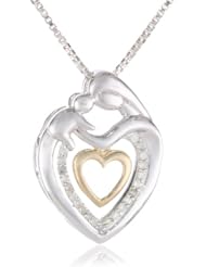 XPY Sterling Silver and 14k Yellow Gold Mothers Jewel Double Heart Diamond Accent Pendant Necklace, 18"