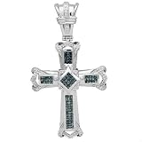 14K White Gold Mens Diamond Cross Pendant with Blue Diamonds 5.10 Ctw