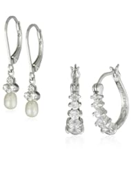 Sterling Silver Simulated Diamond, Freshwater Cultured Pearl Set of Three Stud, Lever Back and Hoop Earrings