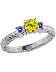 0.79 Ct Round Canary Diamond Blue Tanzanite 14K White Gold 3-Stone Ring