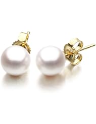 14K Gold 9-9.5mm White Japanese Akoya Saltwater Cultured Pearl Stud Earrings AAA Quality