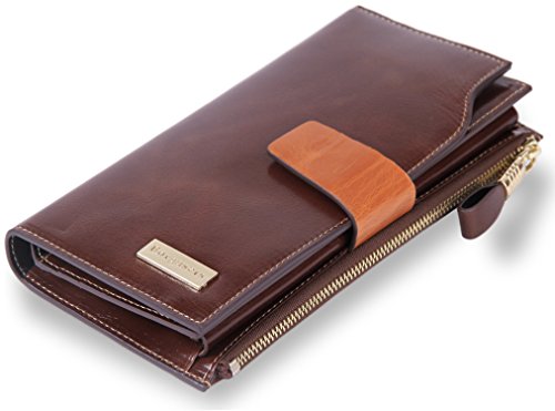 Borgasets Women's Large Capacity Genuine Leather Trifold Organizer Wallet with Zipper Pocket Smartphone Clutch Brown