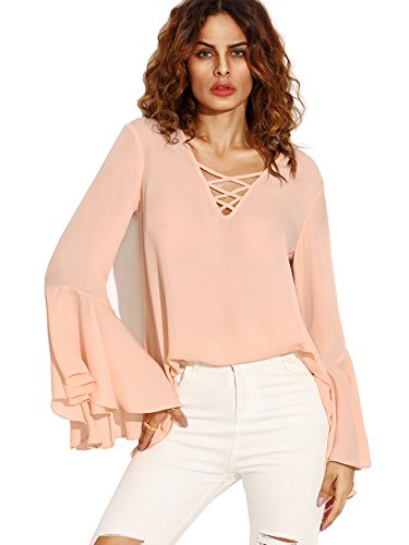 SheIn Women's Crisscross V Neck Bell Sleeve Split Back Blouse