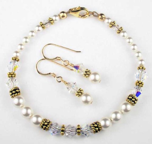 April Diamond Birthstone Swarovski Crystal Gold Filled Beaded Bracelets and Earrings Sets