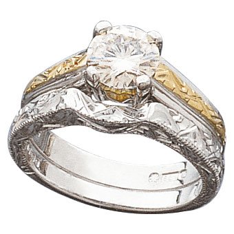 14K Two Tone Hand Engraved 1.00 ctw Moissanite Ring