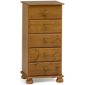 Narrow Chest with 5-Drawers and Bun Turned Feet, Pine