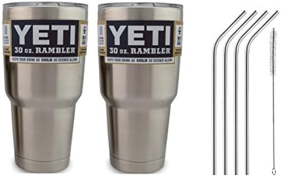Yeti Rambler Tumbler Stainless Steel, Set of 2, 30 oz, Keeps Hot or Cold for Hours,Stainless Steel Drinking Straws, Set of 4, Free Cleaning Brush Included (30 Oz and 20 Oz)