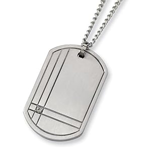 Brushed Titanium and Diamond Dog Tag on 22 Inch Steel Curb Chain