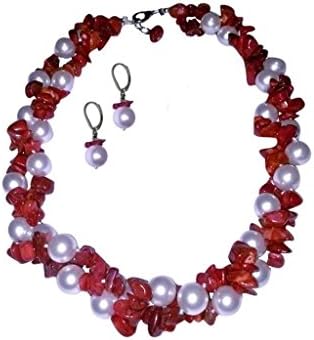 White Simulated Swarovski Elements Pearl, Red Coral Necklace and Earrings