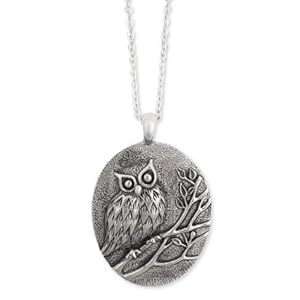 Exclusive ZAD Large Oval Owl Charm Necklace on Long 28" Linked Silver Chain Antiqued Owl
