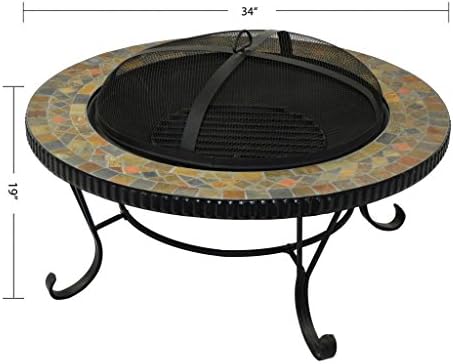 HIO 34-Inch Wood Burning Natural Slate Top Fire Pit with Copper Accents Cover Included For Backyard And Patio