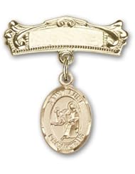 Gold Filled Baby Badge with St. Luke the Apostle Charm and Arched Polished Badge Pin