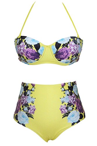 Happy Sailed Women's Modern Retro Flower Flock High Waisted Bikini