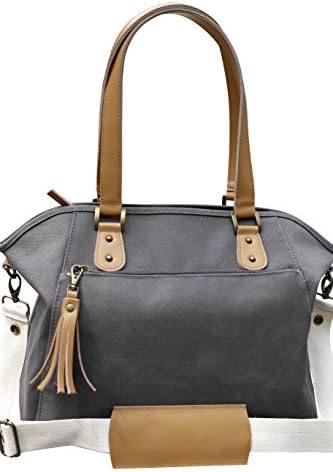 Grey Cotton Canvas Leather Trimmed Stylish Tote Diaper Bags, Canvas Lining, Two Interior Foil Insulated Bottle Holders, Padded Changing Pad, Drawstring Sac Included, Interior Full Length Zipper Pocket, Four Elasticated Pockets Inside, Metal Feet, Hand Made