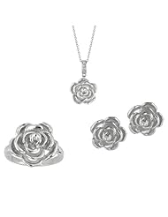 BRI Jewelry Sterling Silver Flower Set - 15mm Pendant on 18" Cable Chain - 16mm Earring and Ring