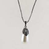 Teardrop Pearl Pendant with Snake Chain Necklace Antique Silver Tone