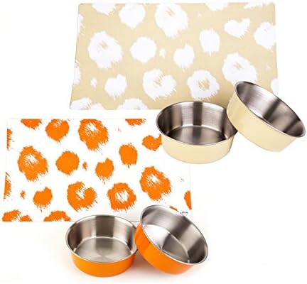 Orange Dog Bowls & Orange Safari Print Feeding Mat Set