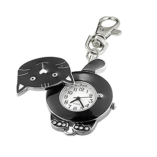 Cat Watch w / Keychain Clip Pocket Watch Black
