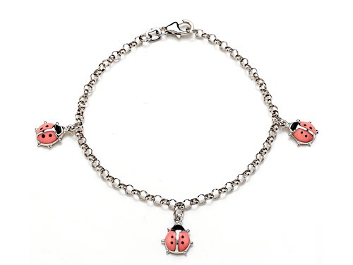 Sterling Silver Children Pink Ladybug Charm Bracelet